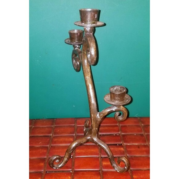 Vintage Hand Made Gothic 3 Candle Candelabra 9.5"x7.5"x5" - Picture 2 of 3